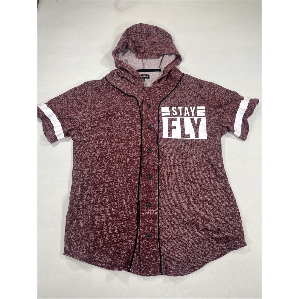 Carbon Men's Medium Stay Fly Hooded Shirt Button Up Short Sleeve Maroon